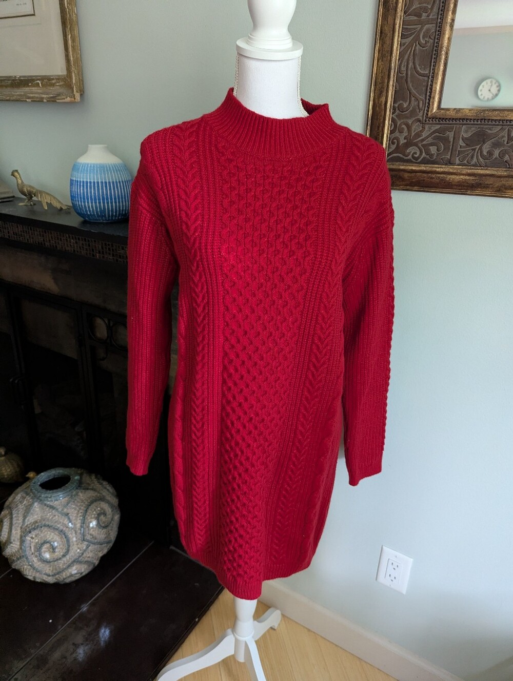 Banana Republic Small Cable Mini Sweater Dress Mock Neck Long Sleeve Red Chakra